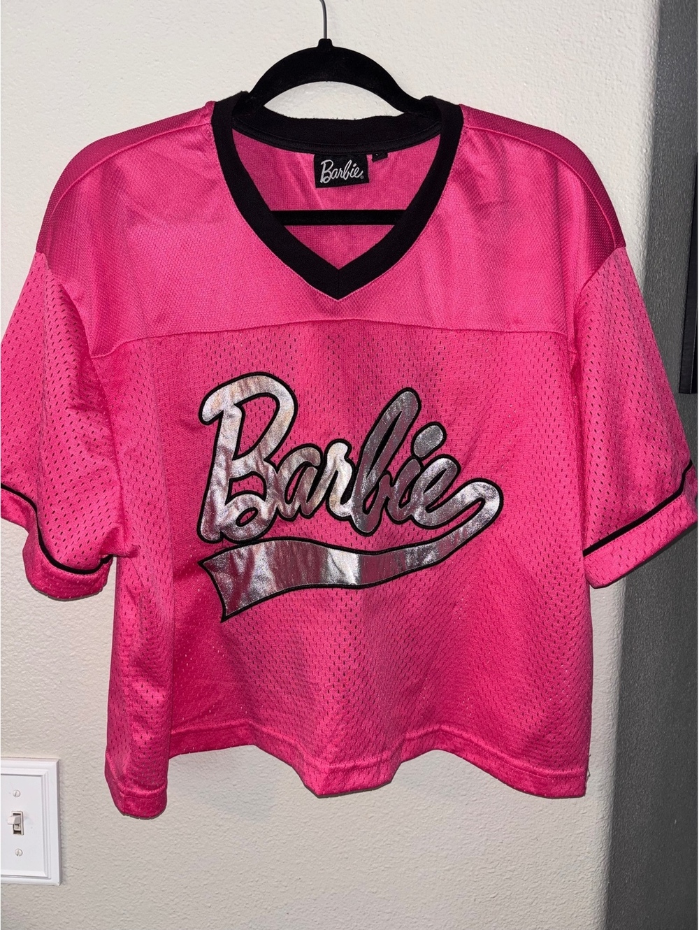 Barbie Pink Cropped Mesh Jersey Top XL Barbiecore Y2K